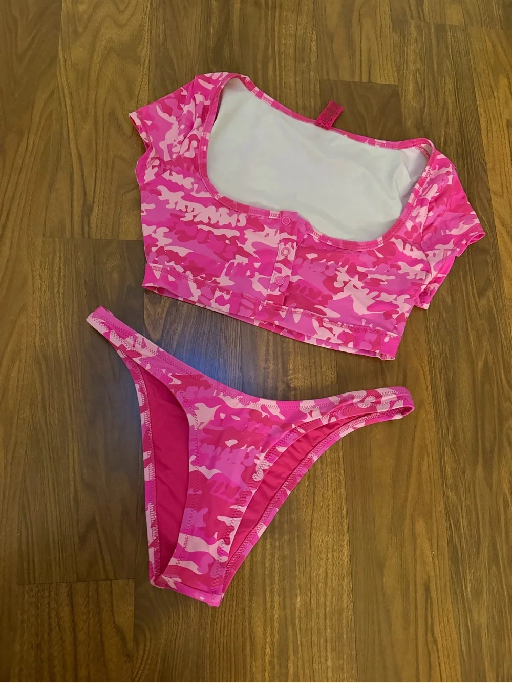 SKIMS Signature Swim Camo Button Up Crop Top + Bottoms Pink